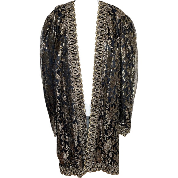 Gemini Nites | Vintage ILGWU Black & Gold Metallic Brocade Lace Oversized Jacket - Picture 1 of 11